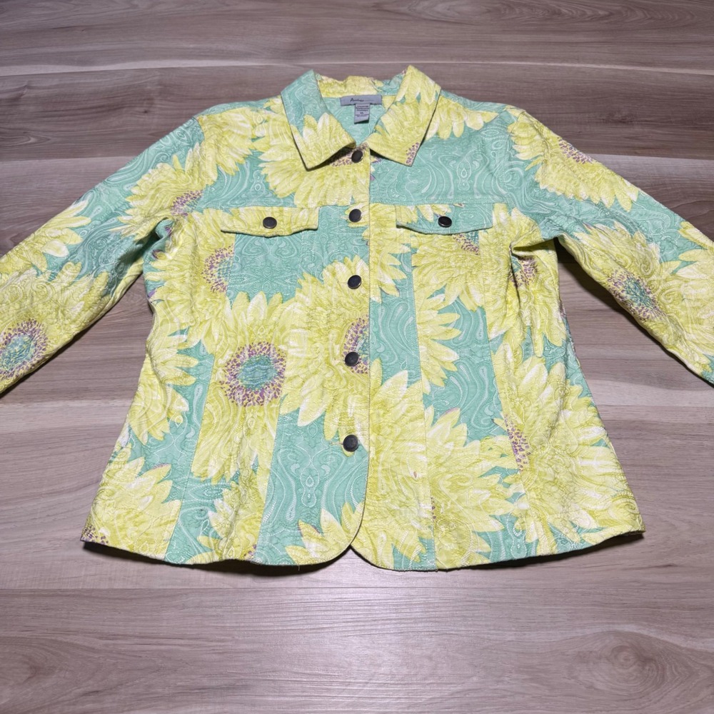 Analogy Sunflower Jacquard Jacket Womens XL Teal Yellow Floral Paisley Button Up